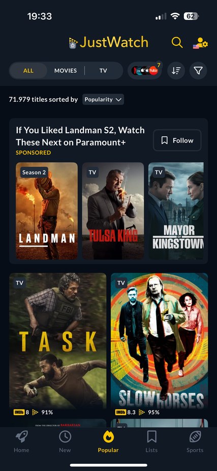 JustWatch app showing a Paramount+ multi-title showcase placement