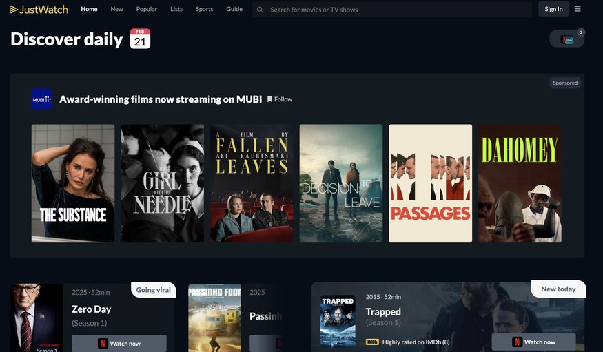 JustWatch Discover Daily screen with a MUBI multi-title showcase placement