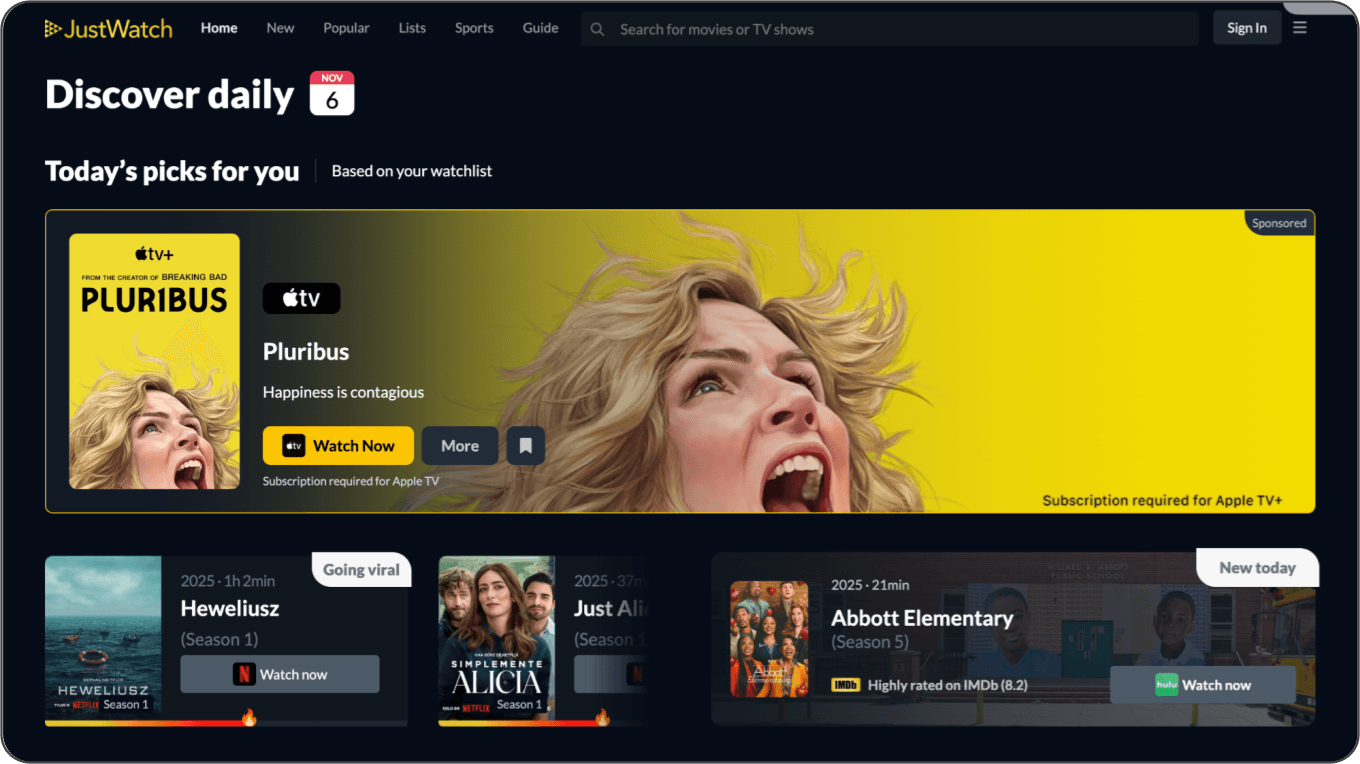 JustWatch Discover Daily screen showing sponsored recommendations