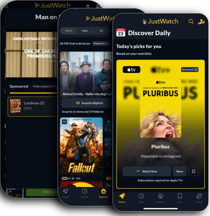 Sponsored recommendation placements across the JustWatch app