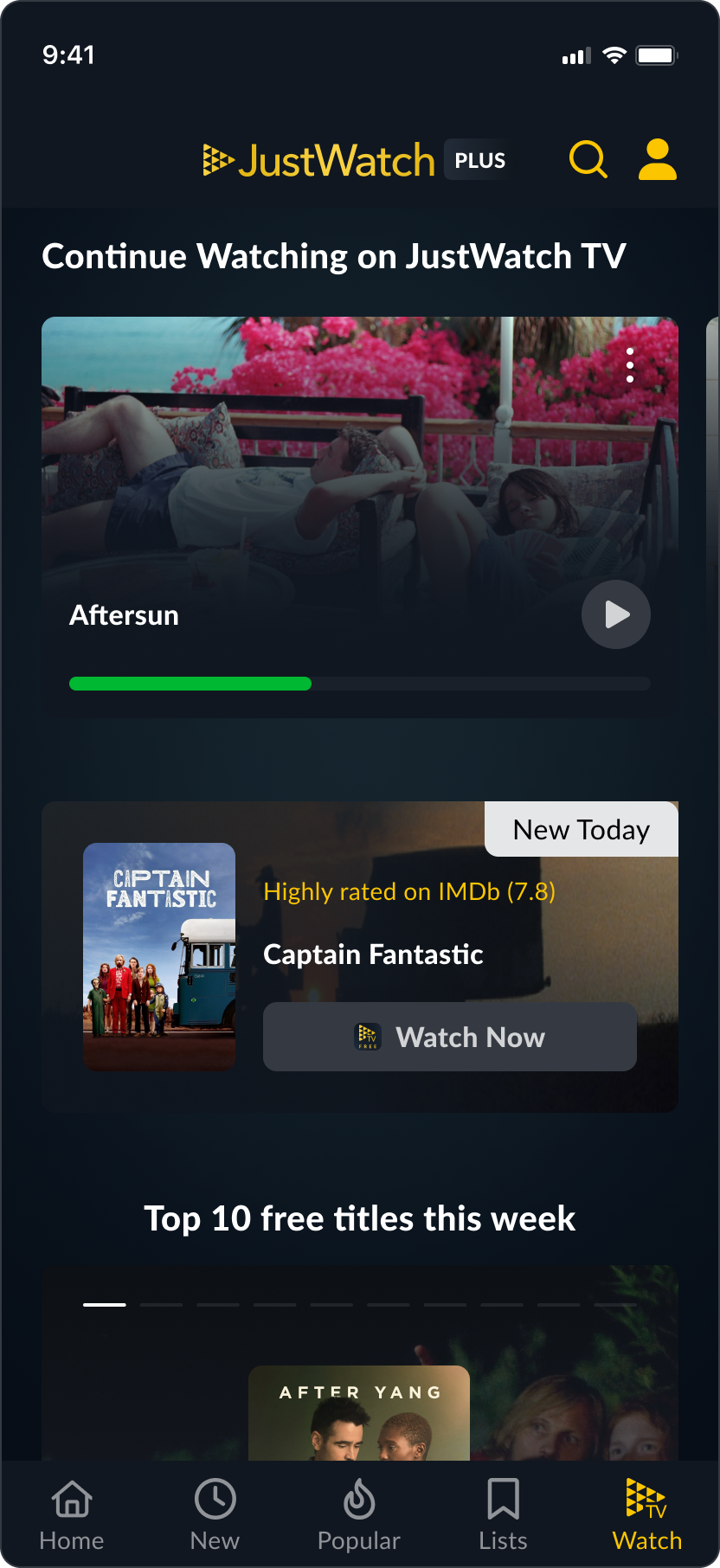 JustWatch TV Plus app screen